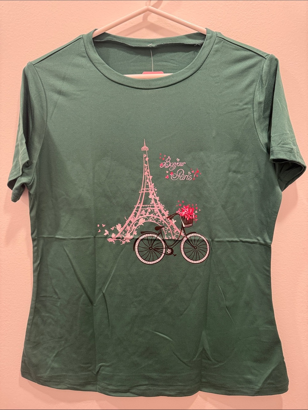 SHEIN Green Tee with Pink Paris Bicycle Graphic